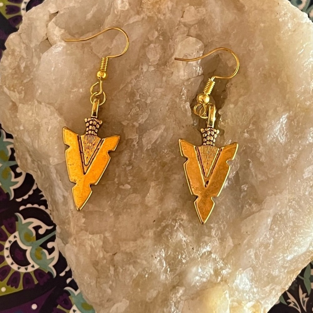 Gold Arrowhead Boho Dangle Earrings -Tribal Southwestern Intricate Jewelry -New